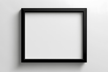 Empty black horizontal hanging frame on surface, plain white wall minimalist background for mockup, photo, picture, art