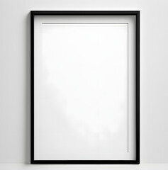 Empty black vertical frame, plain white wall minimalist background for mockup, photo, picture, art