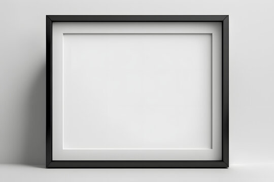 Empty black horizontal frame on surface, plain white wall minimalist background for mockup, photo, picture, art