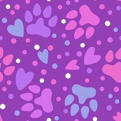 Cartoon animals seamless footprints dig and cat and polka dots and hearts pattern for wrapping paper and kids