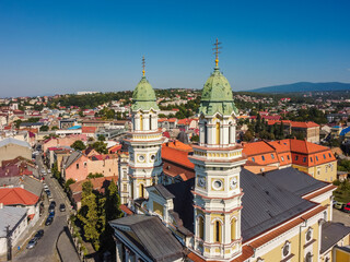 Aerial vIew of city Uzhgorod by drone. Summer Ukraine Zakarpatia region, West Ukraine.