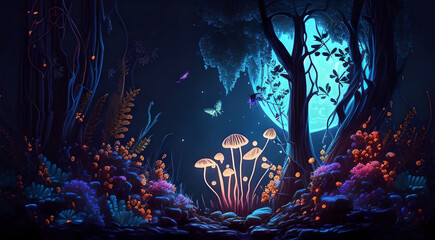 illustration of fairy night forest, 