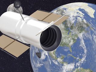 Space Telescope Hubble near the Earth planet of Solar system in outer space. 3D rendered illustration. Elements of this image where furnished by NASA.