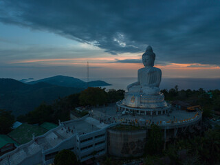 aerial view Phuket big Budha in blue twilight and red horizon..aerial photography scenery sunset at Phuket big Buddha. Phuket Big Buddha is one of the island most .important and revered landmarks  © Narong Niemhom