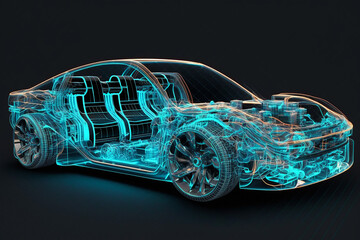 Electric car, fictitious model, with inner parts exposed. AI generated image