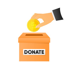People throw gold coins into the donation box. Coins in hand. Donation box. Financial support. Vector illustration.