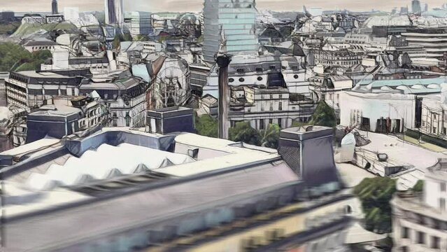 Trafalgar Square and Nelson's Column in a picturesque style. A historical look at a popular London landmark. Drone video. Aerial footage.