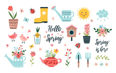 Spring set of hand-drawn elements. Flowers, bird, watering can, quotes and much more. Suitable for scrapbooking, greeting card, party invitation, poster, tag, sticker set. Vector illustration.