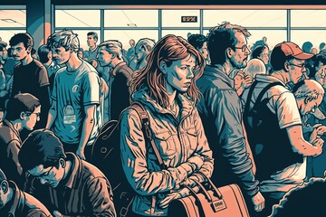 Obraz na płótnie Canvas Crowded airport terminal with passengers standing in long lines and visibly frustrated, concept of Time-Consuming and Stressful, created with Generative AI technology