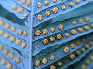 Extreme close up of single front of licorice fern with spores visible © Kay