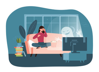 Scary films watch. Young girl with popcorn sits on couch and looks at TV screen with ghost. Evening rest after work or study. Horror movie at home or apartment. Cartoon flat vector illustration