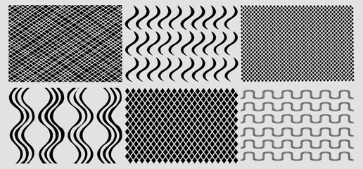 Set of black and white geometric patterns. Tileable, repeating textured backgrounds.