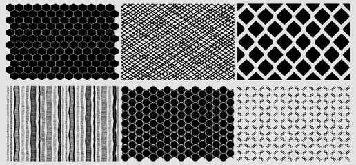 Set of black and white geometric patterns. Tileable, repeating textured backgrounds.