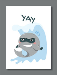 Superhero dolphin poster. Marine inhabitant in mask and cloak, animal and fauna. Graphic element for website. Representative of underwater world, fictional character. Cartoon flat vector illustration