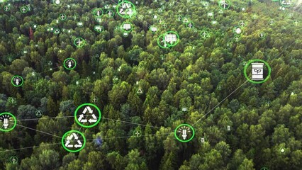 Icons of ecology on the background of deciduous leafy forest. Concept of environmental protection, renewable energy sources, bio-energy, green tech. SDGs. Development. Sustainable resources 4k footage