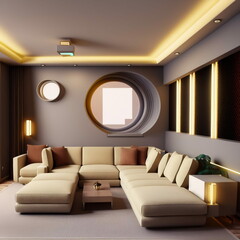 beautiful retrofuturism interior design, neutral beige color scheme, generated in AI