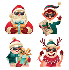 Cool Christmas characters set. Collection of graphic elements for website. Reindeer, elf and santa claus with gifts in sunglasses. Cartoon flat vector illustrations isolated on white background