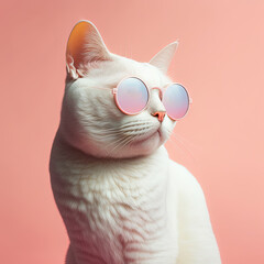 Fashion cat in sunglasses, peach color background. Generative AI - obrazy, fototapety, plakaty