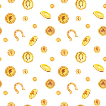 Watercolor Seamless Pattern With Gold Treasures. Coins For Decor Of St Patrick's Day. Falling Metal Money.