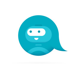 Chatbot character on message box speech bubble. Cute 3d Bot sign. Chat bot logo design. Bot for online consultation and support service. Flat vector illustration
