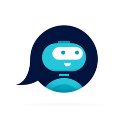 Chatbot character on message box speech bubble. Cute 3d Bot sign. Chat bot logo design. Bot for online consultation and support service. Flat vector illustration - obrazy, fototapety, plakaty