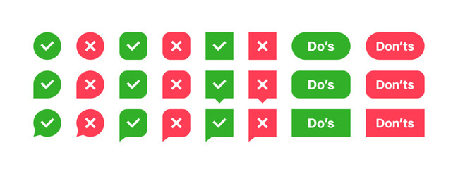 Super set different shape check mark and cross mark. Yes or No, Dos or Donts, Approved or Rejected, Correct or Wrong. Design concept for web and mobile apps. Vector illustration