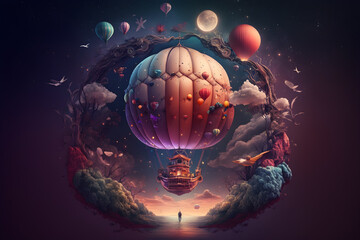 Marvelous landing, big red hot air balloon creative background, generative ai