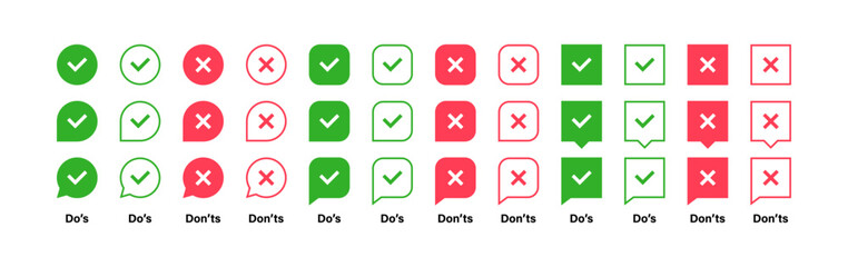 Super set different shape check mark and cross mark. Yes or No, Dos or Donts, Approved or Rejected, Correct or Wrong. Design concept for web and mobile apps. Vector illustration