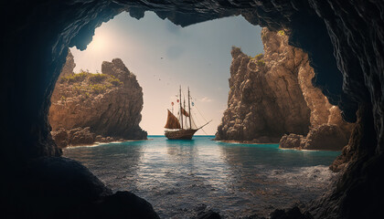 View from the cave entrance, a detailed caravel in the sea. Waves hitting the rocks inside the cave. Atmospheric effect. - obrazy, fototapety, plakaty