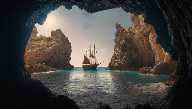 View from the cave entrance, a detailed caravel in the sea. Waves hitting the rocks inside the cave. Atmospheric effect.