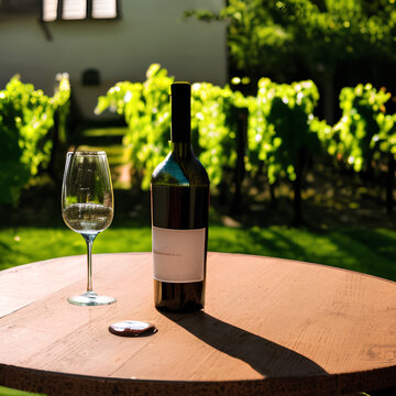 wine bottle and glass in front of vineyard at a sunny day