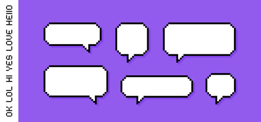 Obraz premium Set different shape pixel speech bubble. Geometric texting dialogue boxes. Colored quote box speech bubble. Modern vector illustration