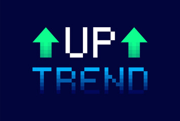 Up trend with arrows isolated on dark background. 8 bit pixel art. Stock exchange concept. Trader profit. Vector illustration
