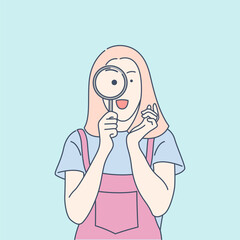 young woman and magnifying glass. Hand drawn style vector design illustration