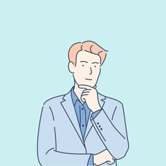 Thoughtful businessman in suit touching chin thinking and looking at camera, hand drawn style vector design illustration