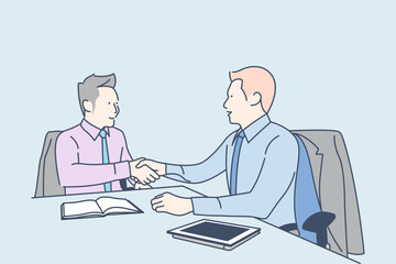 Two people shaking hands in agreement, hand drawn style vector design illustration