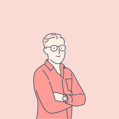 Portrait of a smiling young man with glasses, hand drawn style vector design illustration