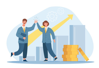 Growth chart concept. Man and woman give five, employees celebrate success. Entrepreneur and investor with gold coins. Financial Literacy and Passive Income. Cartoon flat vector illustration