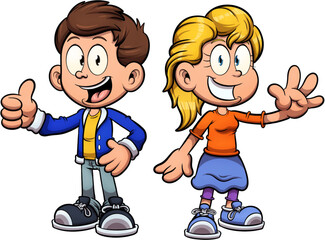 Happy white cartoon boy and girl. Vector clip art illustration with simple gradients.