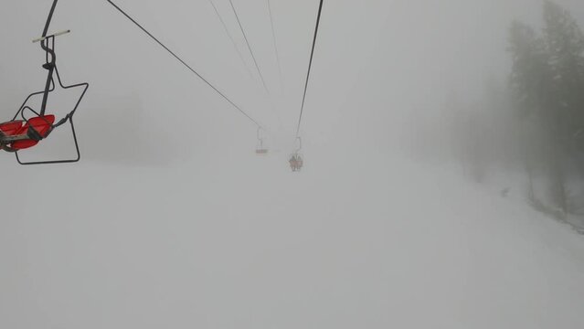 Timelapse funicular to Mount Hymba. Pylypets ski resort in the Carpathians of Ukraine. Prepared tracks for skiers and snowboarders. The longest ski track in Ukraine. Cable car - Borzhavski lifts