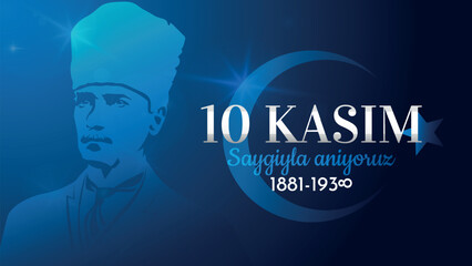 Translation: We honourfully remember. Turkish Banner commemorating the anniversary of Ataturk's death. Culture and traditions. Graphic element for website. . Cartoon vector illustration