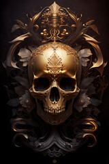A gilded, regal skull, set against a backdrop of rich velvet and gold, surrounded by a golden aura