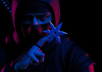 Close-up of ninja with shuriken between fingersin neon lights. Traditional ninja style. 3d illustration. © pictosmith
