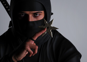 Close-up of ninja with shuriken between fingers. Traditional ninja style. 3d illustration.