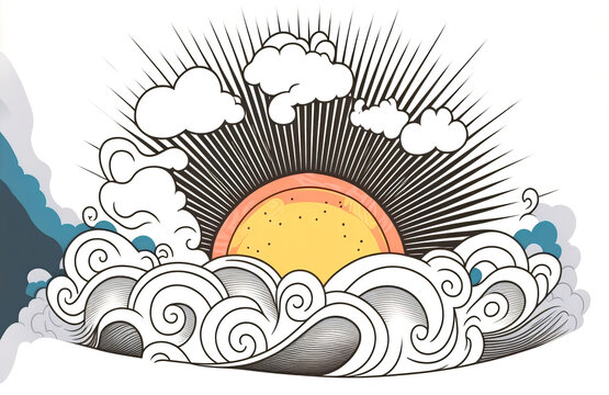 Sunrise Engraving Vintage Engraved Sky with Waves Texture and Rising Sun Etching on White Background