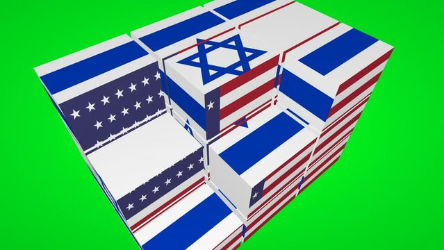 Usa and Israel flags on cube concept isolated on green screen