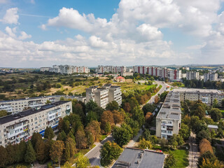 Aerial vIew of city Novyy Rozdil by drone. Summer Ukraine Lviv region, West Ukraine.