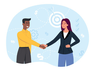 Business consent concept. Man and woman shake hands. Collaboration and cooperation. Planning and strategy, partnership. Investor and businessman conclude deal. Cartoon flat vector illustration