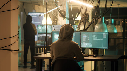 Cyber criminals working with dark web to do illegal activities on computer network, trying to steal...