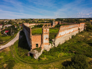 Fototapeta premium Aerial view by drone. Summer. Stare Selo Castle. Ukraine Fortess. West Ukraine. 